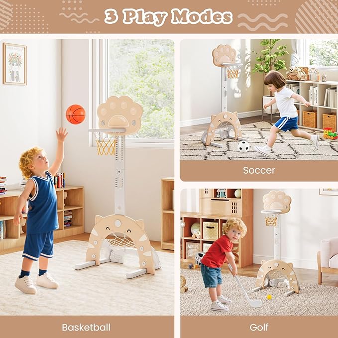 Costzon 3 in 1 Toddler Basketball Hoop, Height Adjustable Kids Sports Center w/Foldable Basketball, Soccer & Golf Game, Indoor Outdoor Activity Playset w/Foldable Rim, Gift for Children Baby Infant