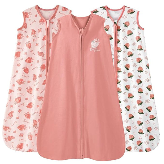 Baby Sleep Sack 0-6 Months 0.5 Tog Wearable Blanket Baby, 3 Pack 100% Cotton Lightweight Sleeping Sack with 2-Way Zipper for Newborn Infant Strawberry