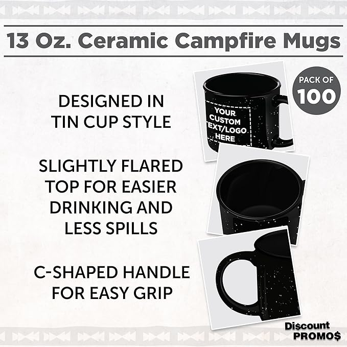 DISCOUNT PROMOS Custom Ceramic Campfire Coffee Mugs 13 oz. Set of 100, Personalized Bulk Pack - Perfect for Tea, Espresso, Cappuccino, Hot Cocoa - Black