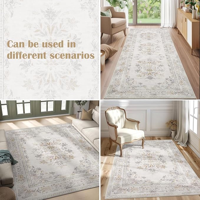 jinchan Hallway Runner Rug 2x10 Vintage Floral Distressed Design - Machine Washable Non-Slip Low-Pile Soft Thin Faux Wool Kitchen Carpet for Farmhouse Bedroom Laundry Room(2x10ft,Light Grey)