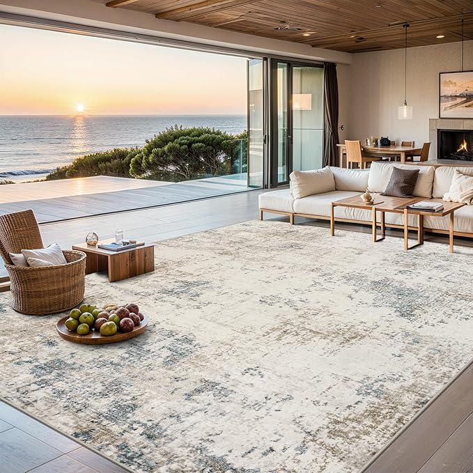 Area Rugs 10x14 Living Room - Washable Rug Modern Abstract Soft Large Neutral Non-Slip Carpet Indoor Floor Thin Carpets for Bedroom Dining Room Farmhouse Nursery Home Office Multi