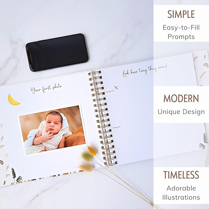 Baby Album Memory Book for Girl or Boy - First 5 Years Unisex Bohemian Rainbow Keepsake Journal to Log Newborn Milestone - Photo Album Scrapbook for Baby Shower - Unique New Parents Gifts for Couples