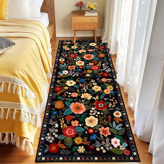 Floral 2x6 Area Rug Machine Washable Soft Print Boho Carpet Non Slip Doormat Low Pile Flower Area Rugs for Living Room Bedroom Nursery Kitchen Dining Room Indoor-Black