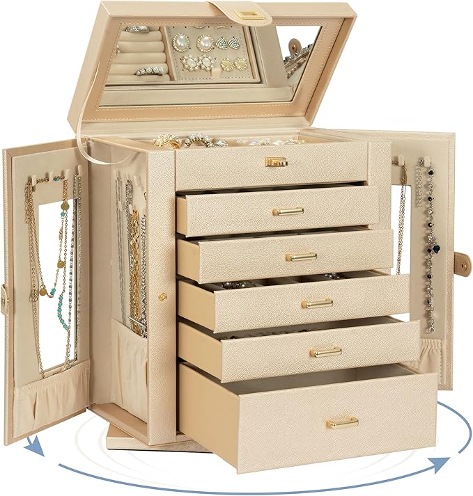 AKOZLIN Jewelry Box 360° Rotating 6-Tier Functional Jewelry Storage Case Organizer for Women Girls Ring Necklace Earring Bracelet Holder with Mirror
