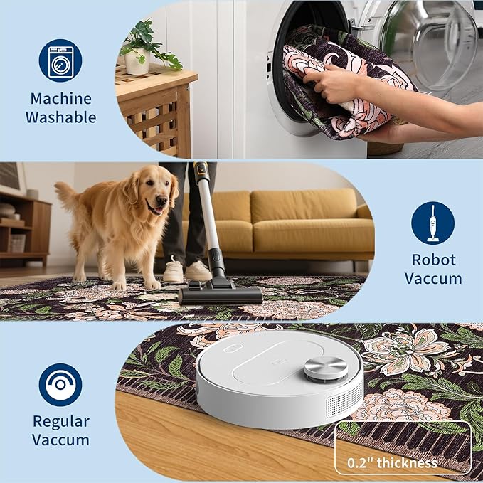 GarveeHome Plum Pink Floral Botanical Washable 5x7 Rug for Living Room, Black Purple Vintage Boho Cottage Throw Rugs Low Pile Carpet for Bedroom Dining Nursery Rug