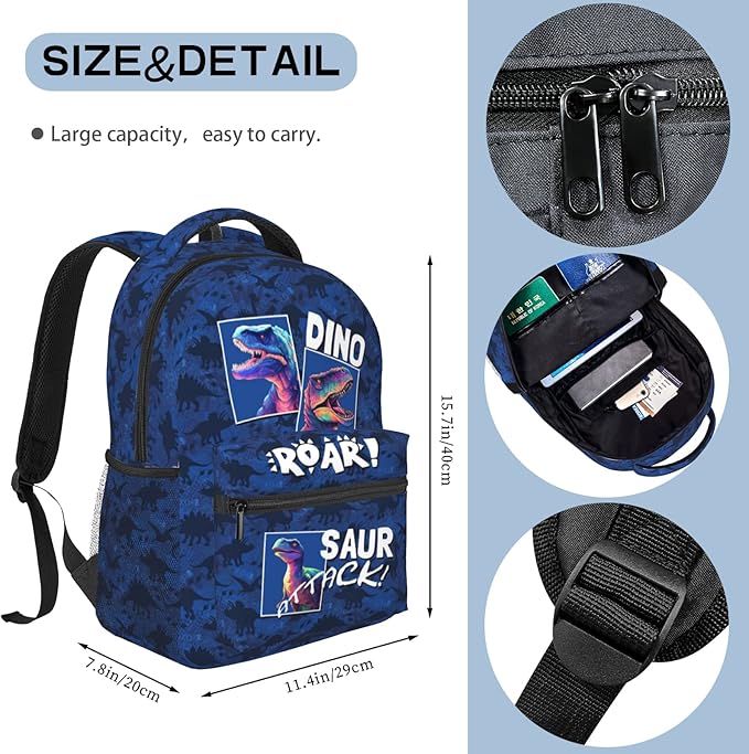 Dinosaur Backpack for Kids Boys Girls, ROAR! DINO SAUR ATTACK! Cartoon Dinosaur Pattern School Bag, Lightweight Ergonomic Durable Bookbag for Age 5-12, Ideal for School Outdoor Travel Daypack