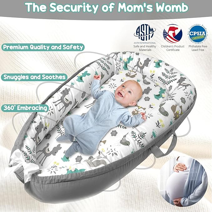 Baby Lounger - Baby Lounger for Newborn 0-24 Months, Breathable, Soft Cotton Baby Nest, Portable Infant Lounger for Home & Travel, Newborn Essentials Gift (Grey Deer)