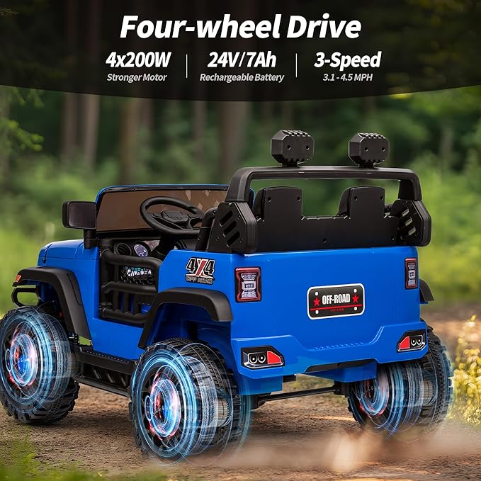 2 Seater Ride on Toy Car for Kids, 24V 4WD Ride-on Truck Kids Electric Car with Remote Control, 4x200W Motors - Blue