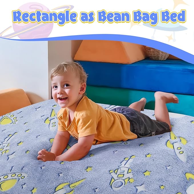 COMAX Kids Bean Bag Chair Turn into Beanbag Bed, Toddler Bean Chair for Girl Boy Sleeping, Lazy Children Bean Bags with Filler, Convertible Child Floor Mattress, Blue Universe