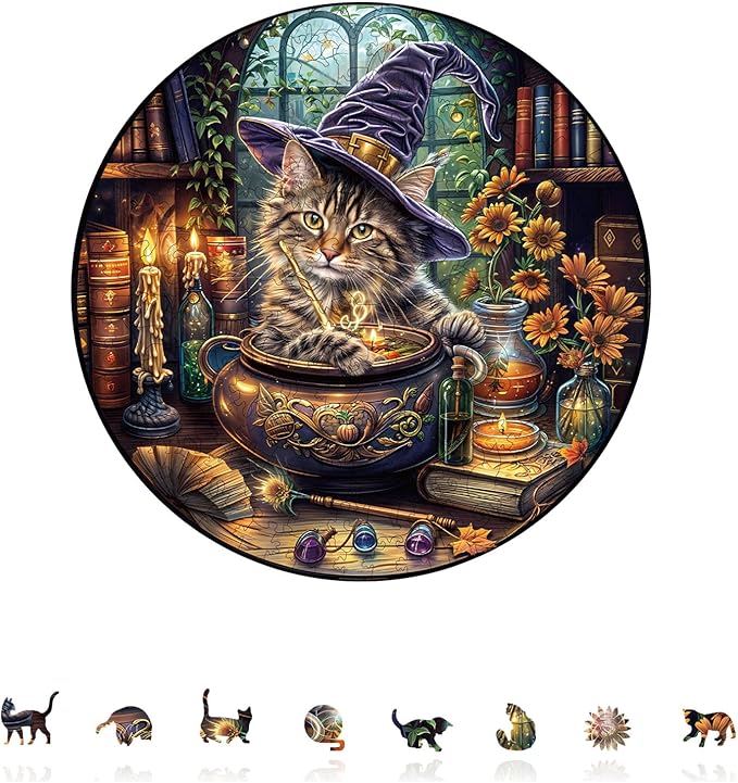 KAAYEE Wooden Puzzles for Adults, 3D Visual Effect Magic Feline Cat Wooden Jigsaw Puzzle Unique Shape Wood Puzzle Adult, 3D Effect Flat Puzzle Birthday Family Game (L-13.4 * 13.4 in-280pcs)