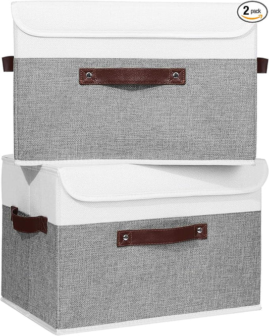 ANMINY 2PCS Storage Boxes with Lid Washable Decorative Storage Bins Basket with PU Leather Handle Foldable Linen Fabric Storage Cubes Containers for Home Closet Organizer - Gray White, Large Size