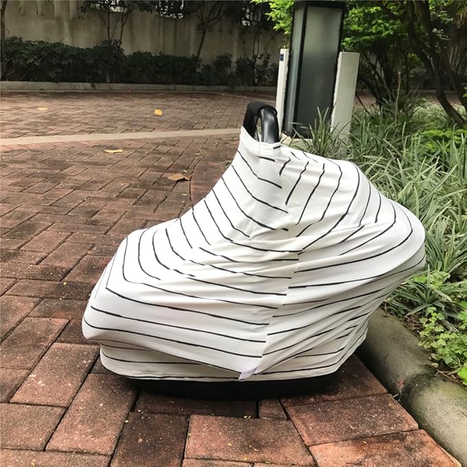 Car Seat Cover Baby – Multi-use Nursing Cover-Up for Breastfeeding, Carseat Canopy Cover, Stretchy Infant Stroller Covers for Boys and Girls (White with Black Stripes)