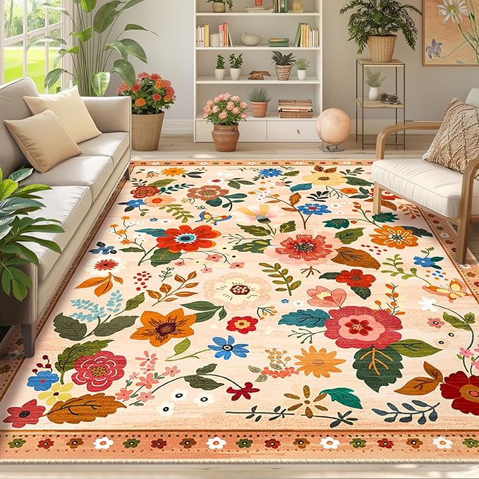 Floral 9x12 Area Rug Machine Washable Soft Print Boho Carpet Non Slip Doormat Low Pile Flower Area Rugs for Living Room Bedroom Nursery Kitchen Dining Room Indoor-Light Orange