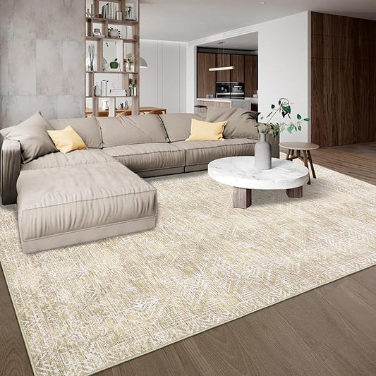COZYLOOM 4x6 Rug Machine Washable Foldable Printed Area Rug Modern Distressed with Non Slip Design Stain Resistant Non Shedding Pet Friendly Carpet Perfect for Home Decor, Faux Wool, Beige