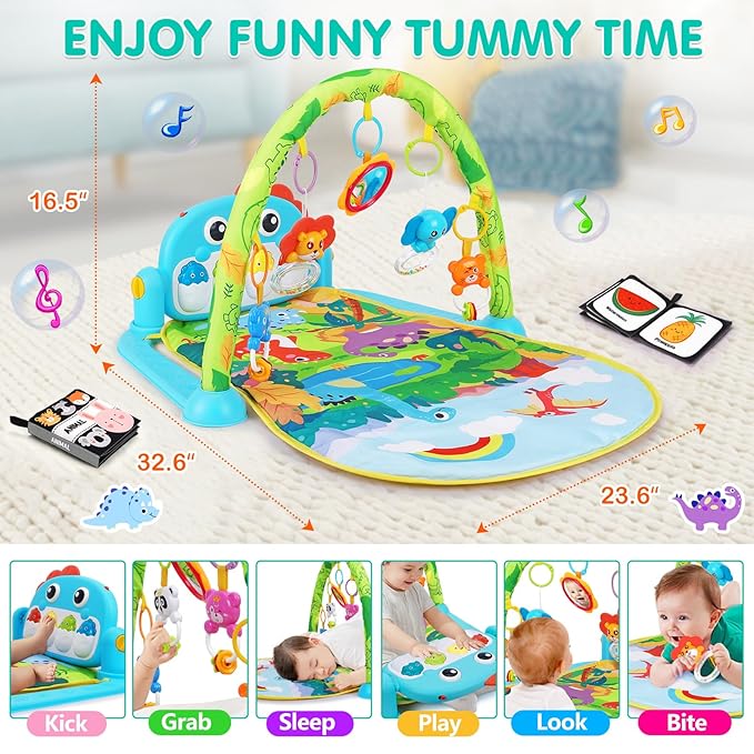Baby Play Mat Baby Toys Tummy Time Mat Toys Musical Activity Center for Infant Toy with High-Contrast Piano Music & Light Newborn Babies Gifts for Boy Girl Babies Toy 0-6 6-12 Months Dinosaur Style