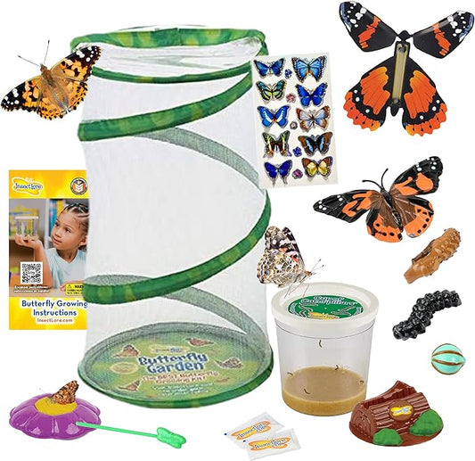Insect Lore Butterfly Garden - 8" Habitat with 5 Live Baby Caterpillars - Includes Life Cycle Figurines, Stickers, Wind up, Mini Habitat | Birthday or Teacher Gift Set