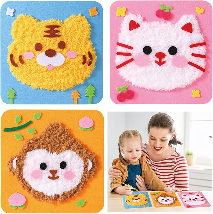 DIY Embroidery Doll Kit, Cartoon Animal Craft Sewing Kit for Kids, Felt Crafts, Beginner Sewing for Kids Ages 4-8 Plus - Helps Develop Fine Motor Skills (3PCS-Monkey/Tiger/Cat)