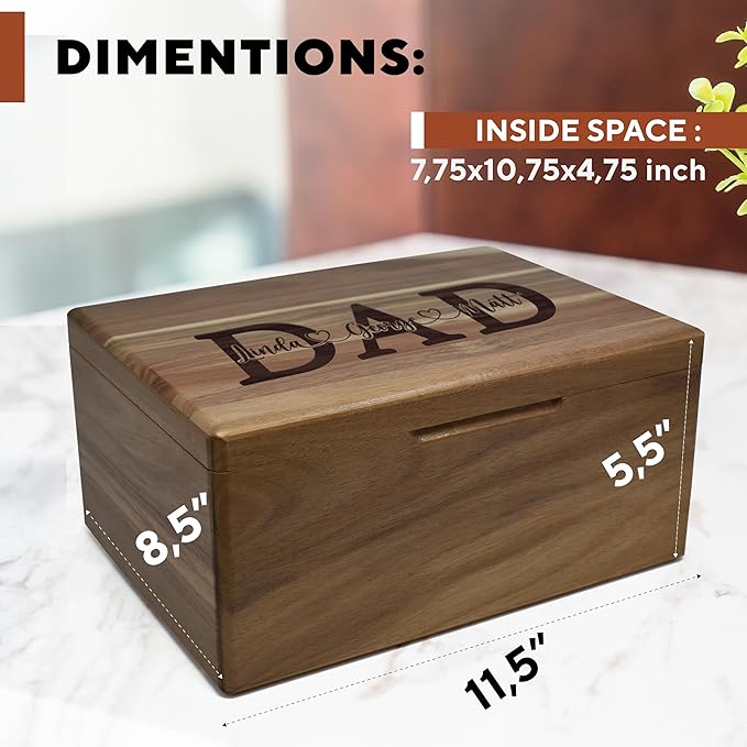 Dad Box with Kids Names - Custom Keepsake Box for Memories with Engraved Children Names, Personalized Fathers Gifts from Daughter/Son/Family, Birthday Gifts for Dad from Kids, 11.5x8.5x5.5 in