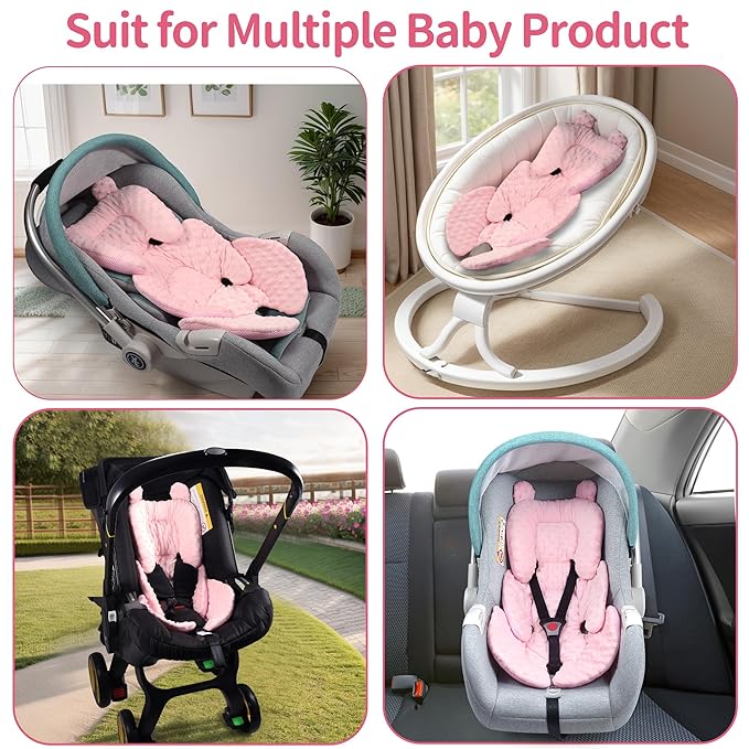 3in1 Reversible Carseat Head Body Support Newborn,3D Minnky Infant Car Seat Insert,Extra Soft Breathable Baby Car Seat Pillow Cushion Boys Girls,fit Stroller,Bouncer,Swing(Pink)