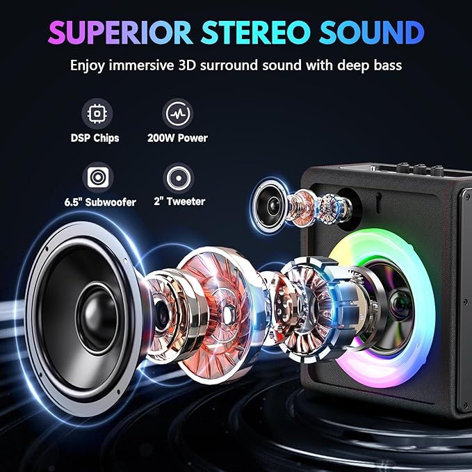 Karaoke Machine with 3 Wireless Mics | Bluetooth 5.3 Speaker with Echo Adjustment & Auto Pitch Correction | PA System with RGB Lights, Supports TV/TF Card/USB/AUX/Live/REC for Home Parties