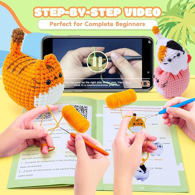 Crochet Kit for Beginners-4PCS Cat Crochet Kits for Adults, Crochet Starter Kit with Step-by-Step Video Tutorials, Crochet Animals Kits DIY Craft Knitting Kit Learn to Crochet Kits for Adults