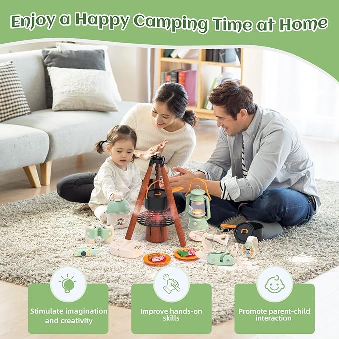 Kids Camping Toys Set - Pretend Play Camping Set with Food Toy, Spray Stove, Oil Lantern, Binoculars, Compass, Tableware, Watch & Storage Bag, Birthday for Ages 3+