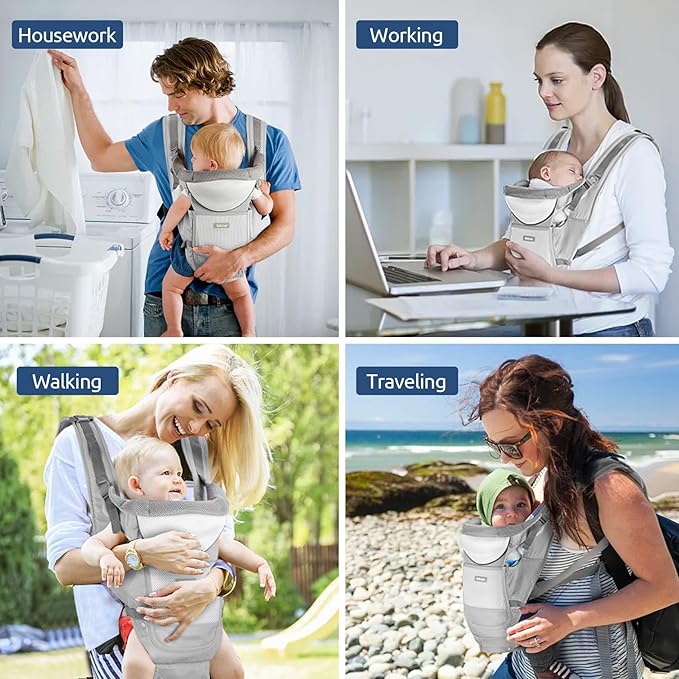 Baby Carrier with Hip Seat,Ergonomic M Position 6in1 Baby Carrier Newborn to Toddler,Head Support and Breathable Mesh Newborn Carrier,Adjustable Baby Holder Carrier for Dad&Mom-Grey