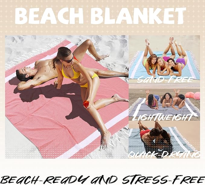 Giant Turkish Beach Blanket Pool Towel Absorbent Thin Extra Large Sand Free Quick Dry Oversized Cruise Ship Essentials Summer Vacation Accessories Must Haves Gear Stuff Gadget Hawaii Women Gift Coral