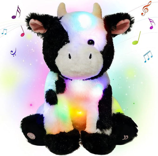 Cuteoy Light-up Singing Plush Cow LED Musical Stuffed Animal Adjustable Volume Lullaby Plushies Birthday Christmas Toy Gifts for Kids Toddler Girls, 13"