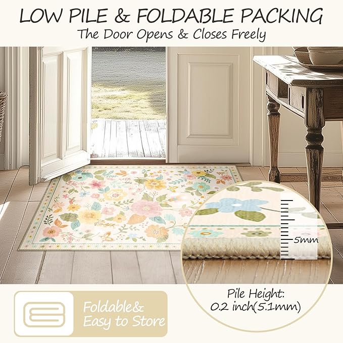 Floral 6x9 Area Rug Machine Washable Soft Print Boho Carpet Non Slip Doormat Low Pile Flower Area Rugs for Living Room Bedroom Nursery Kitchen Dining Room Indoor-Beige/White/Orange