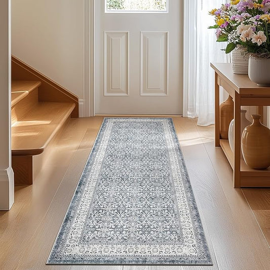 jinchan Floral Runner Rug 2x5 - Machine Washable Grey Vintage Distressed Design Soft Non-Slip Low-Pile Ultra-Thin Runner Rug for Kitchen Hallway Laundry Room Entryway Farmhouse (2‘x5',Grey)
