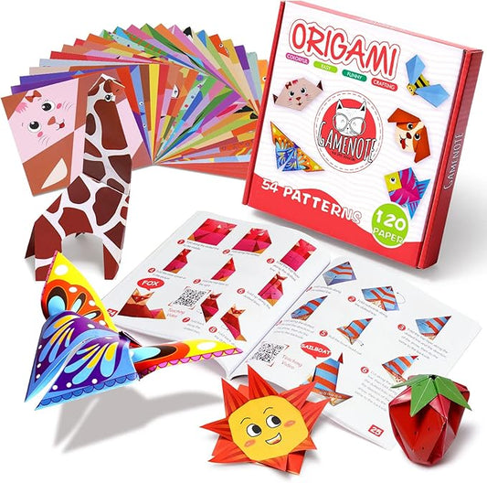 Gamenote Colorful Origami Kit for Kids 54 Projects 120 Double Sided Origami Paper 12 Sheets Practice Papers Instructional Origami Book Origami Gift for 4+ Girls Boys Adult Beginners Training Craft