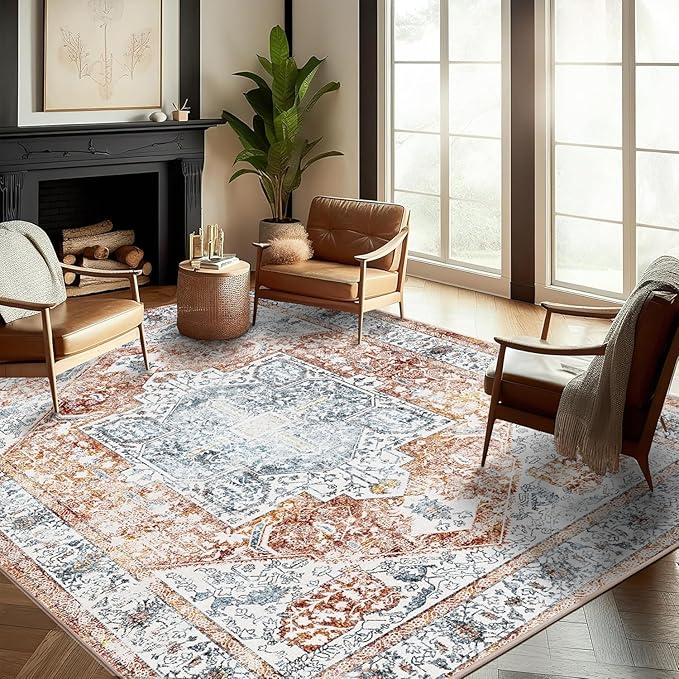 Area Rug 10x14 Washable Tangerine Vintage Traditional Mat Distressed Indoor Foldable Thin Retro Accent Floral Non Slip Carpet for Living Room Dining Room Office