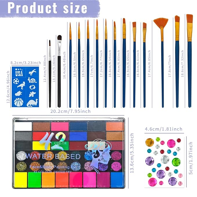 Face Painting Kit, Water Activated Face Paint Palette with Stencils, Brushes, Gems for Halloween Makeup, Parties, Carnival, School Event & Festivals (42 Colors)