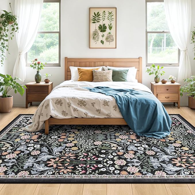 10x12 Area Rugs for Living Room: Floral Washable Rug Vintage Large Soft Boho Non-Slip Carpet Indoor Stain Resistant Low Pile Carpets for Bedroom Dining Room Farmhouse Nursery Home Office Dark Black