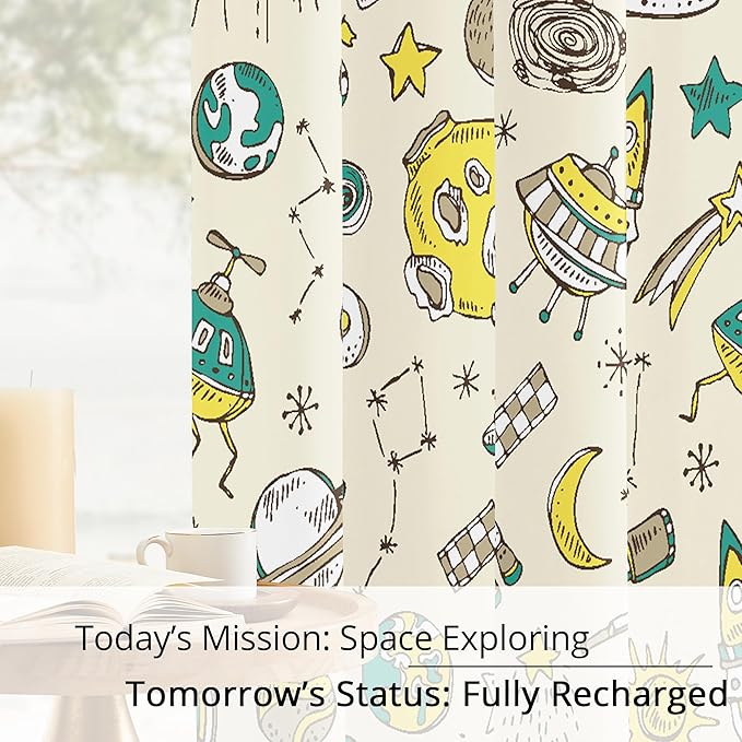 Kids Space UFO and Rocket Blackout Curtains - 100% Blackout, Thermal Insulated, Noise Reducing, Perfect for Kids Room and Nursery, 2 Panels (Space Explorer Sketchbook, W52×L84)