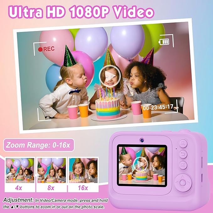 Kids Camera, Upgrade Kids Camera Instant Print, Front Rear Dual Selfie Digital CAM with 1080P Videos, Portable Travel Toy with Games and Music, Christmas Birthday Gift for Boys, Girls and Teens