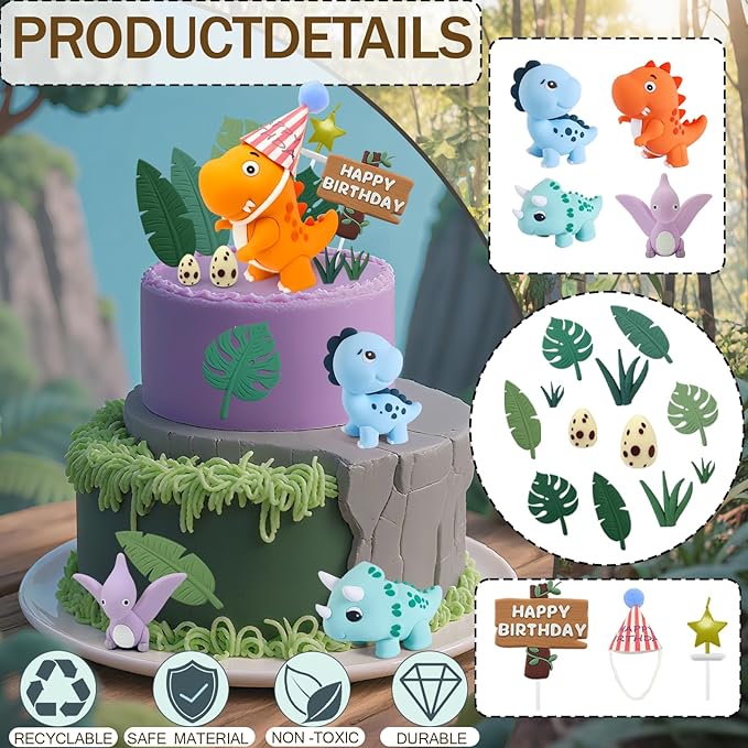 20pcs Dinosaur Cake Topper Set with Dinosaur Eggs - Reusable Dinosaur Cake Decorations，Dinosaur Birthday Decorations for Boys & Girls (Dinosaur Cupcake Toppers, Happy Birthday Cake Accessories)