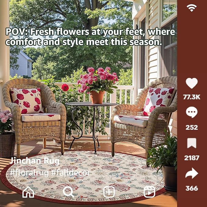 jinchan 8ft Floral Round Rug for Dining Room Washable Living Room Rug Vintage Romance Design Non Slip Indoor Floor Cover Lightweight Low-Profile Throw Carpet for Bedroom Porch Patio, Red/Beige