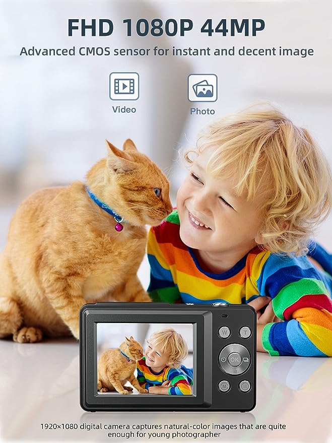 Digital Camera, Camkory FHD 1080P Kids Camera 44MP Point and Shoot Digital Cameras with 32GB SD Card, 16X Zoom, Two Batteries, Lanyard, Compact Small Camera for Kids Boys Girls
