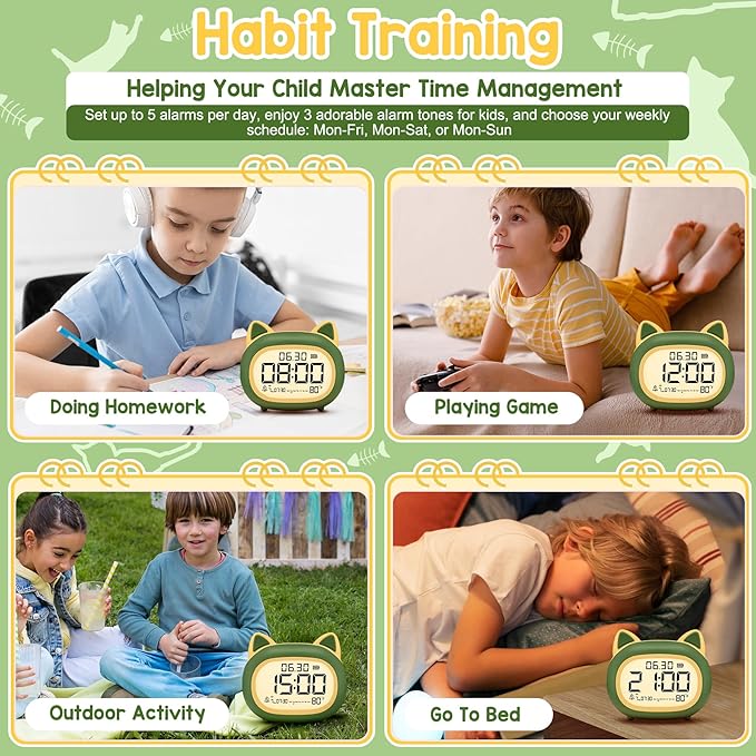 Kids Alarm Clock with Night Light for Kids, Small Digital Alarm Clocks for Bedrooms, Routine Builder, Cute Cat Alarm Clock with Sleep Training, Snooze, 12/24H, Date & Day, Temperature, USB Port