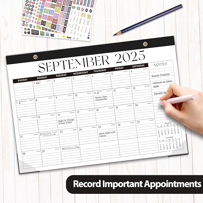 Desk Calendar 2025-2026, Monthly Desktop Large Calendar Runs Until December 2026 17" x 12" Desk Wall Planner for Family Office Teacher School, Black-White