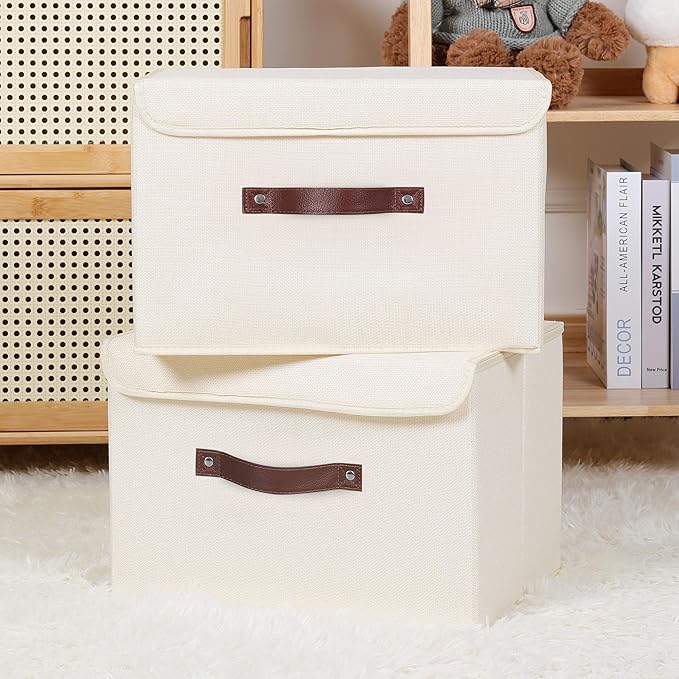 ANMINY 2PCS Storage Bins with Lid PU Leather Handles Storage Boxes PP Plastic Board Decorative Foldable Lidded Cotton Linen Fabric Home Cubes Baskets Closet Organizer Containers - Beige, Large Size