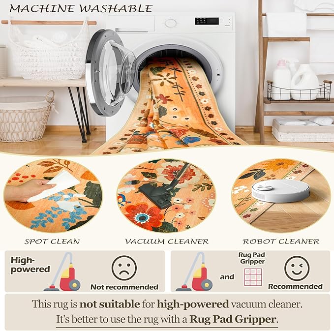 Floral 4ft Area Rug Machine Washable Soft Print Boho Carpet Non Slip Doormat Low Pile Flower Area Rugs for Living Room Bedroom Nursery Kitchen Dining Room Indoor-Yellow/Orange