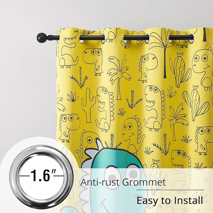 Dinosaur Blackout Curtains for Kids Room - 2 Panels, Each W52×L63, 100% Blackout, Thermal Insulated, Noise Reducing, Perfect for Kids Room and Nersury