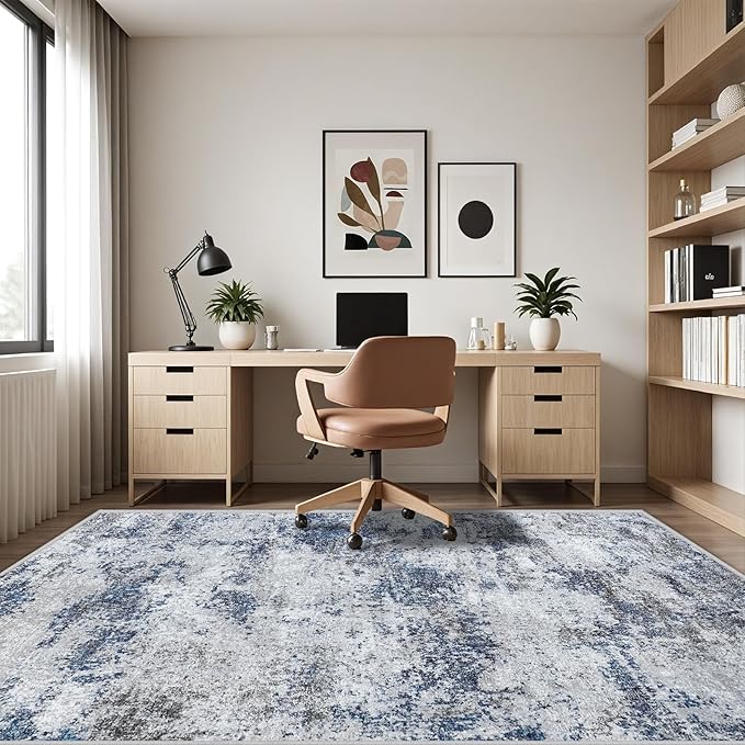 Area Rug Living Room Rugs: 5x7 Abstract Washable Rugs Ultra Soft Carpets with Non-Slip Backing Stain Resistant Carpet for Dining Room Table Bedroom Nursery Indoor Home Office Blue/Gray/Black