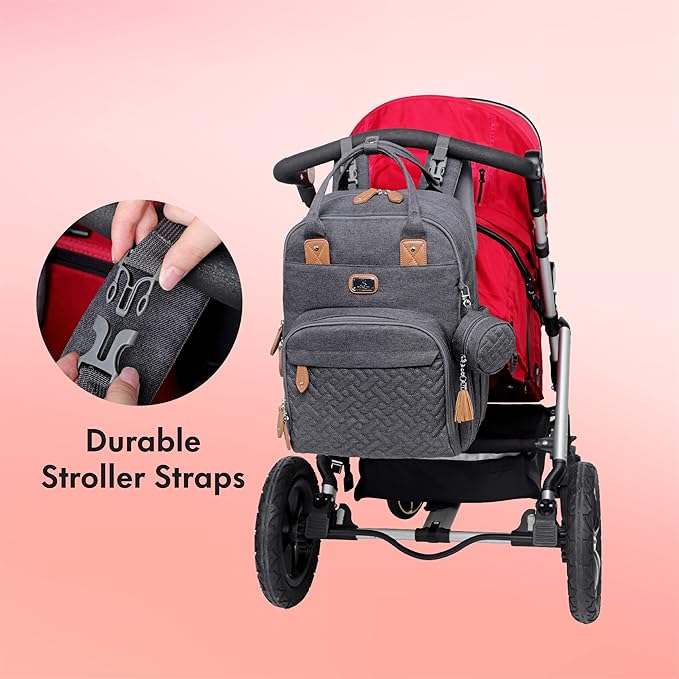 Dikaslon Diaper Bag Backpack with Portable Changing Pad, Pacifier Case and Stroller Straps, Large Unisex Baby Bags for Boys Girls, Multipurpose Travel Back Pack for Moms Dads, Dark Gray