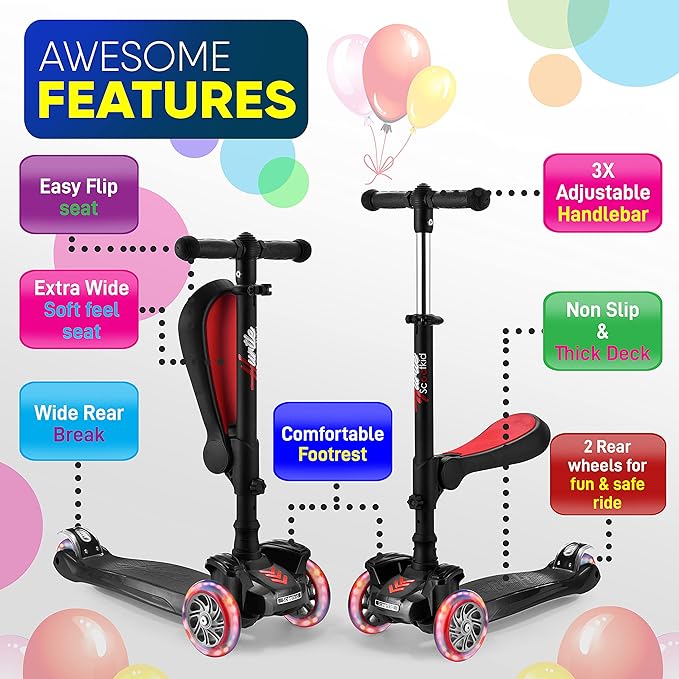 Hurtle 3-Wheeled Scooter for Kids - Wheel LED Lights, Adjustable Lean-to-Steer Handlebar, and Foldable Seat - Sit or Stand Ride with Brake for Boys and Girls Ages 1-14 Years Old
