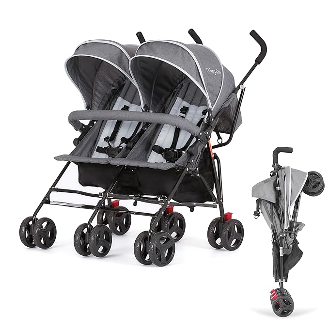 Dream On Me Volgo Twin Umbrella Stroller in Gray, Lightweight Double Stroller for Infant & Toddler, Compact Easy Fold, Large Storage Basket, Large and Adjustable Canopy