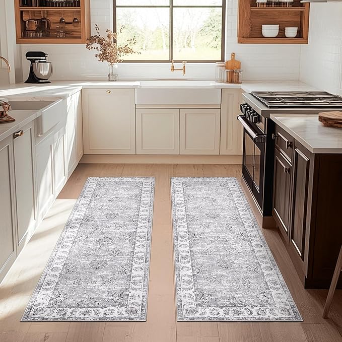 jinchan Runner Rug 2x5-2pcs Kitchen Washable Vintage Hallway Rug Floral Print Floor Cover Indoor Thin Retro Mat Accent Bathroom Laundry Room Bedroom Office Farmhouse (Double,Grey)